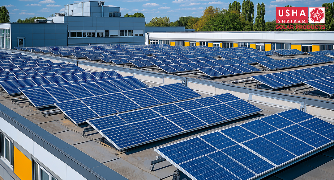 Solar panels on a modern building's roof harness renewable energy