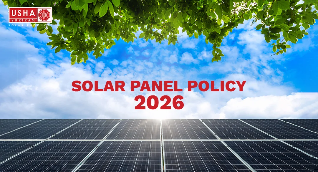 Solar panel policy 2026 banner with solar panels and blue sky.