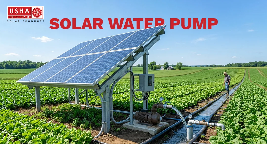 Solar water pump system irrigating farmland using solar panels for efficient water supply.