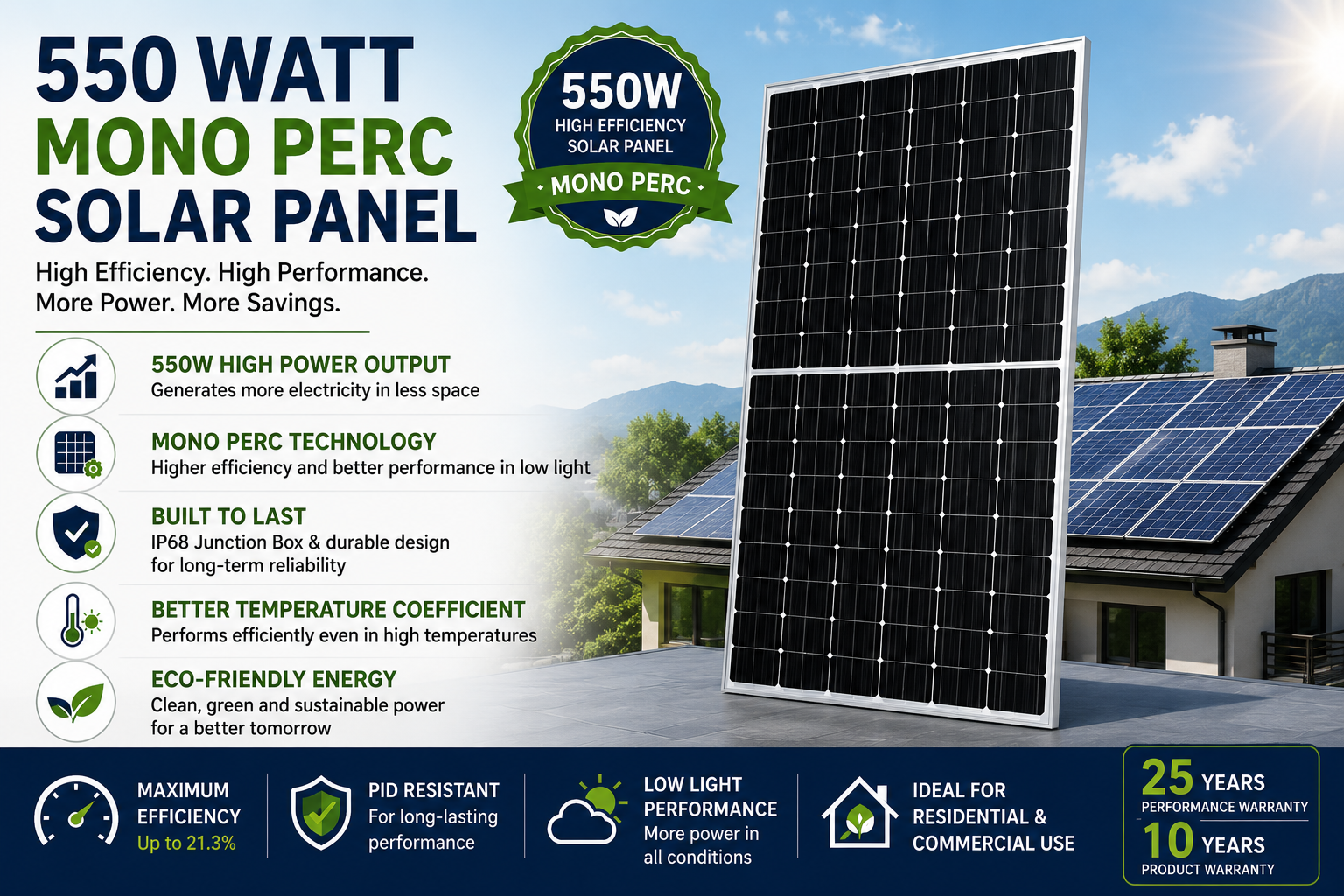 550 Watt Mono PERC Solar Panel showcasing high efficiency, superior performance, low-light optimization, and long-term durability