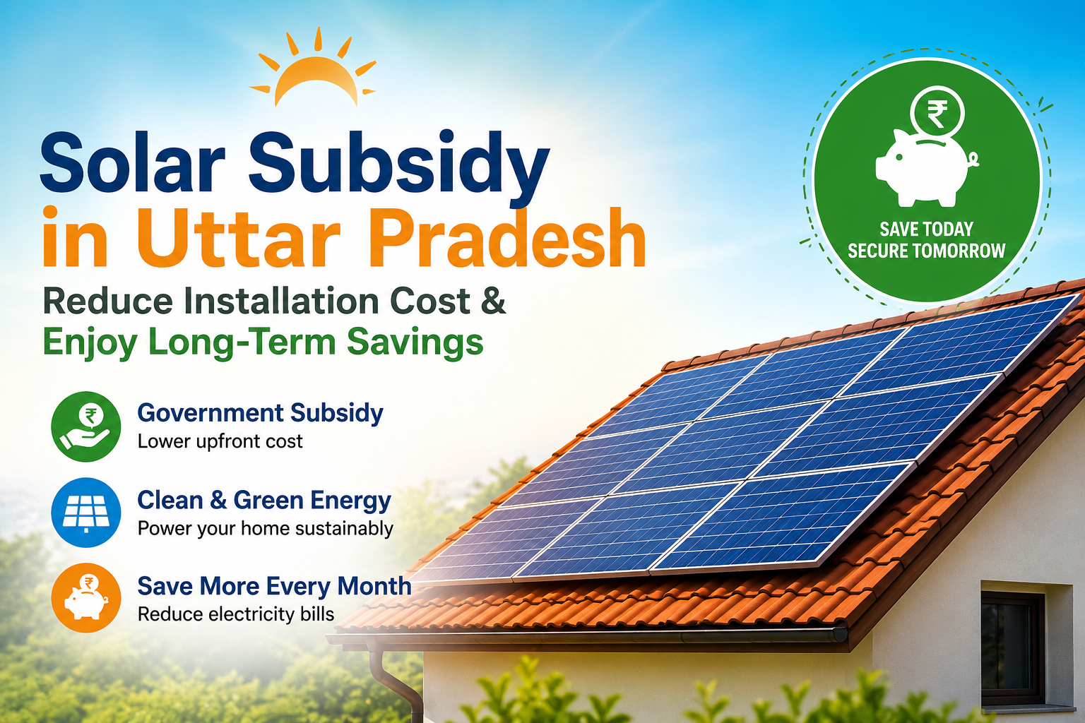 Solar Subsidy in Uttar Pradesh infographic showing rooftop solar panels
