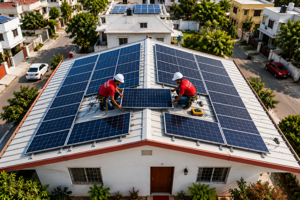 Technicians installing rooftop solar panels on a residential house as part of a solar energy and subsidy program in Bihar.