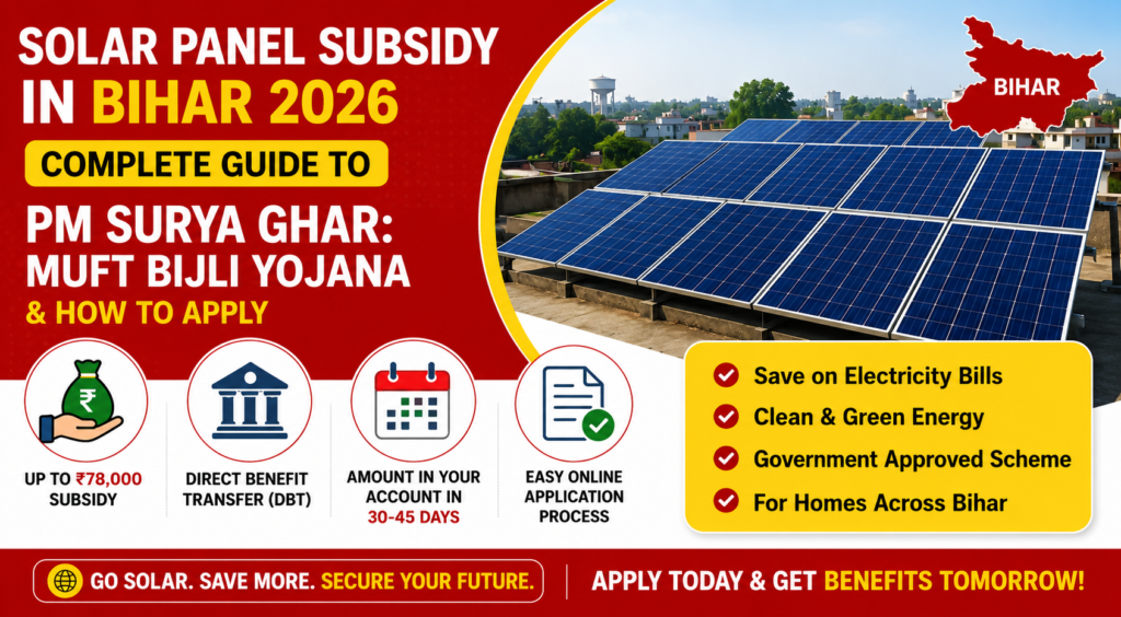 Solar Panel Subsidy in Bihar 2026. PM Surya Ghar Muft Bijli Yojana, subsidy benefits, and application process.